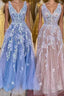 A-line Appliques Tulle Long Formal Prom Dress