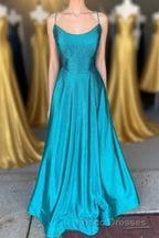 Spaghetti Straps Beaded Teal Blue A-line Long Formal Prom Dress