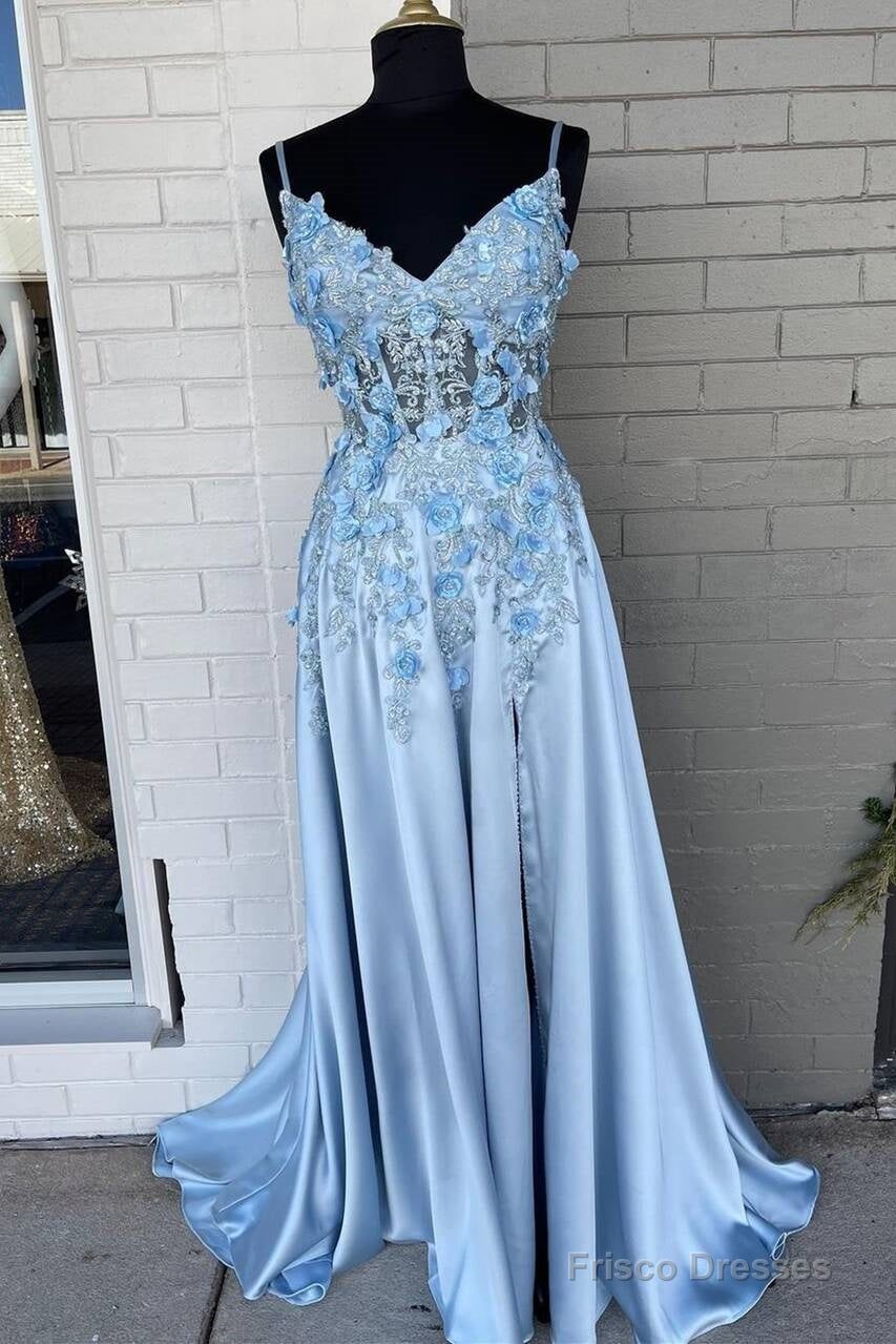 Light Blue A-line 3D Flowers Satin Long Prom Dress Main image