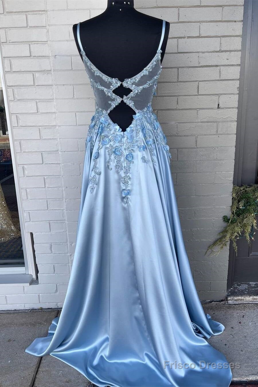 Light Blue A-line 3D Flowers Satin Long Prom Dress Secondary image