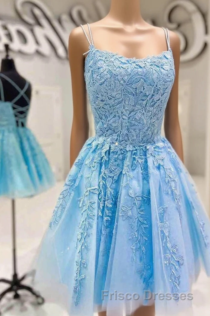 Blue A-line Spaghetti Straps Lace Short Formal Prom Dress, Homecoming Dress Main image