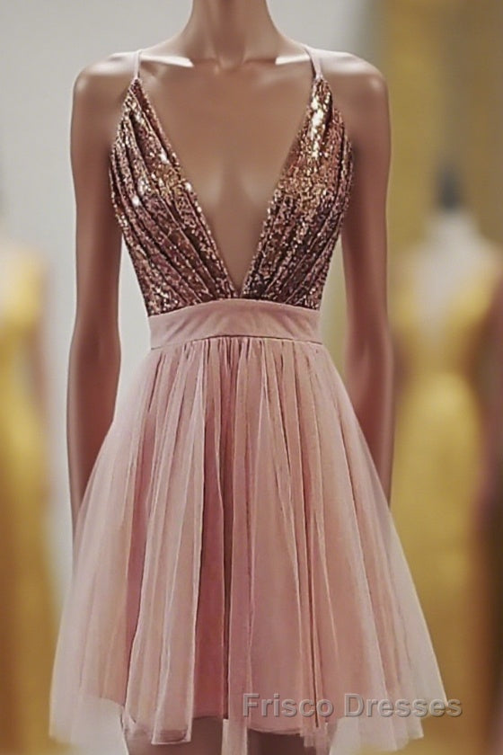 Deep V-neck Spaghetti Straps Sleeveless Sequins Short Formal Prom Dress, Homecoming Dress Main image