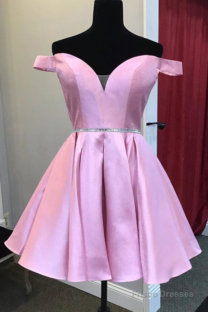 A-Line Off the Shoulder Pink Homecoming Dresses With Beaded Waist Main image