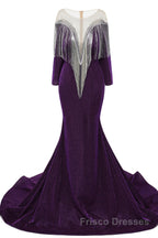 Deep V-neck Shiny Royal Blue Long sleeves Mermaid Formal Prom Dresses