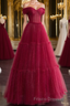 Burgundy A-line Off Shoulder Tulle Shiny Long Formal Prom Dress