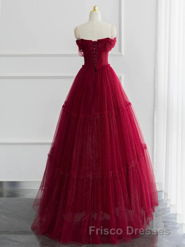 Burgundy A-line Off Shoulder Tulle Shiny Long Formal Prom Dress Secondary image
