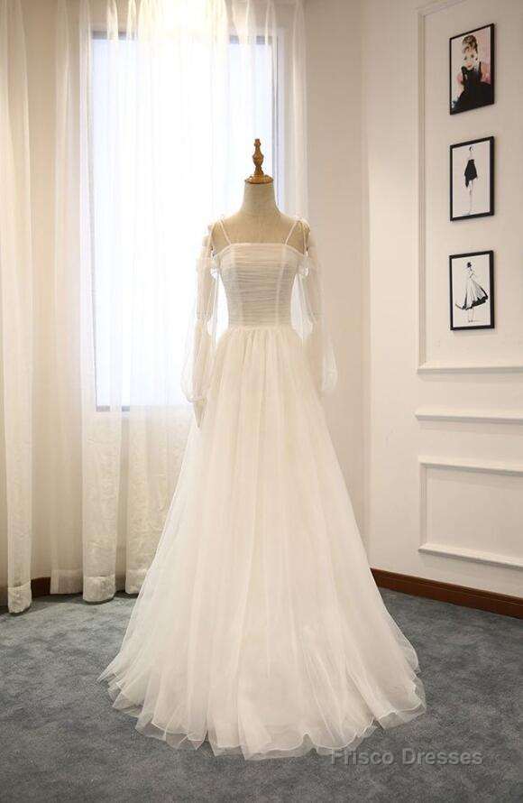 White A-Line Straps Long Sleeves Tulle Long Wedding Dresses Main image