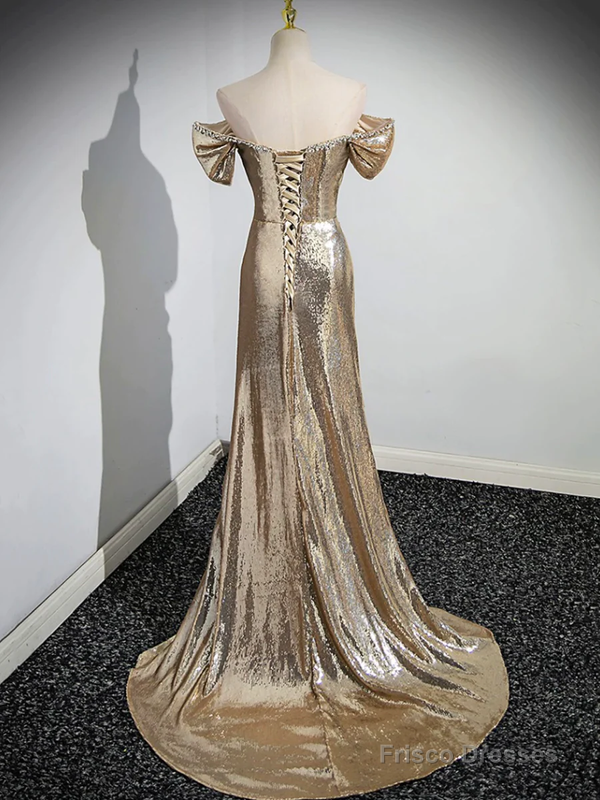 Gold Sequins Off Shoulder Mermaid Long Prom Dress Evening Party Dress Secondary image
