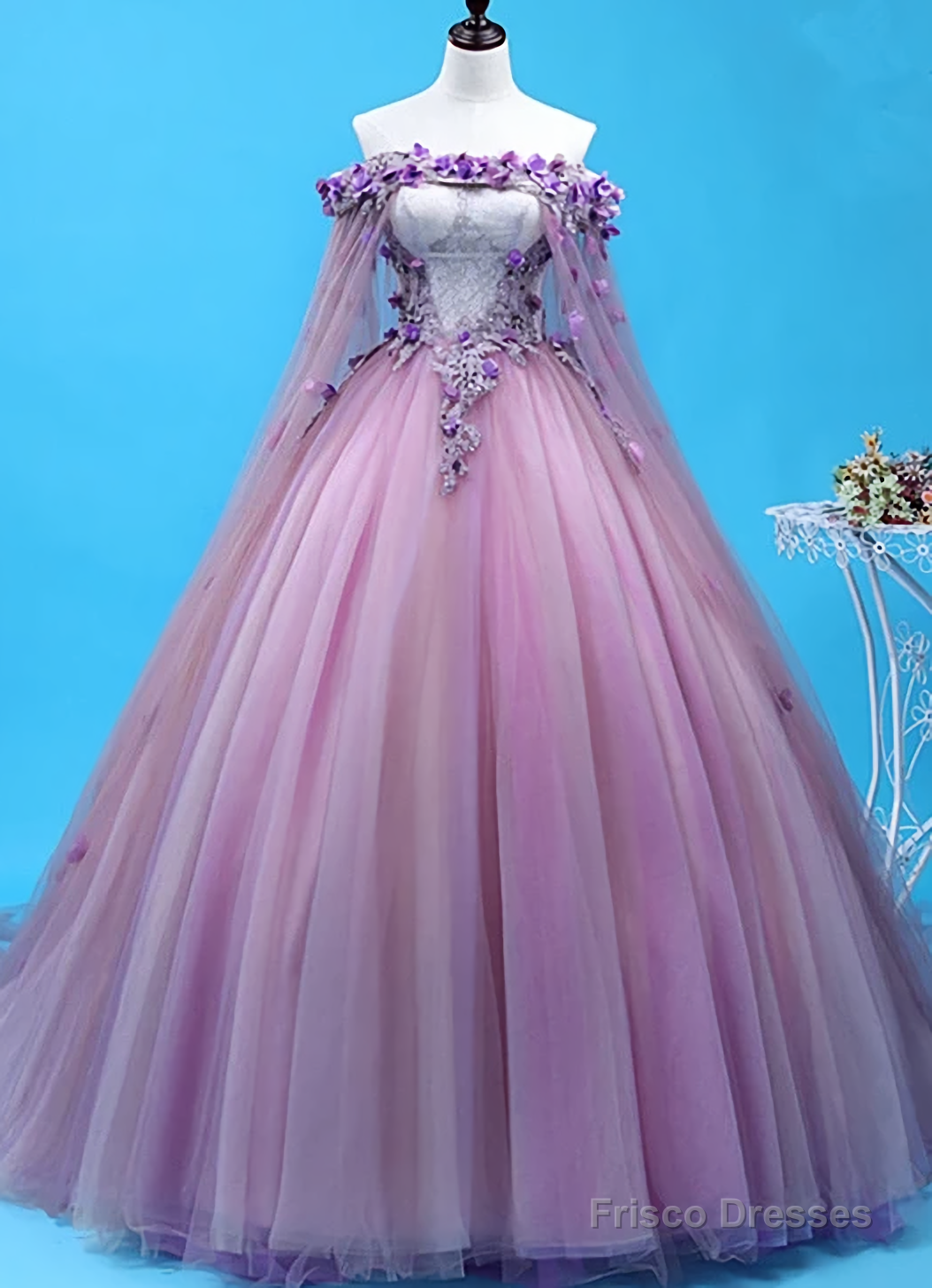 Light Purple Tulle Long Sweet 16 Gown Flowers Quinceanera Prom Dress Main image