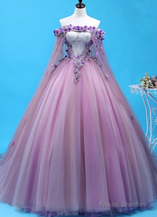 Light Purple Tulle Long Sweet 16 Gown Flowers Quinceanera Prom Dress