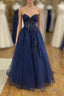 Dark Navy Long A-line Tulle Lace Backless Formal Prom Dress