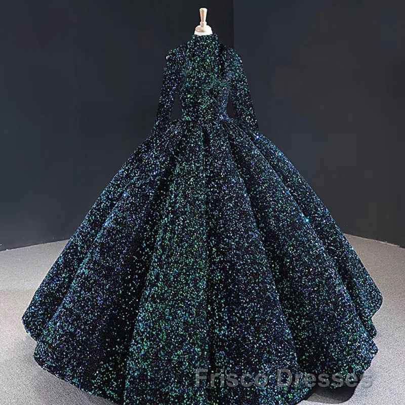 Glitter High Neck Open Back Lace Up Ball Gown Formal Prom Dress