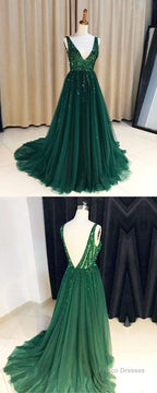 Hunter Green V-neck Long Formal Tulle Low Back Prom Dress