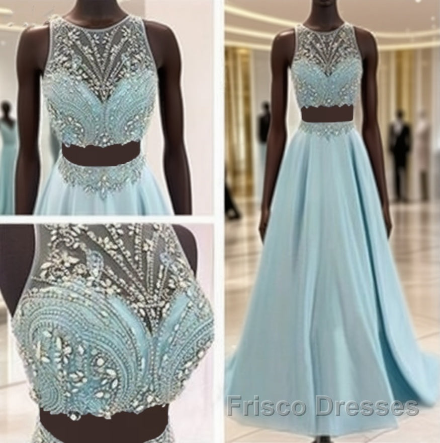 Blue Two Piece Bead Top Ball Gown Formal Prom Dress
