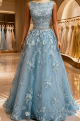 Dusty Blue A-line Backless Formal Prom Dress Long Dusty Blue Lace Formal Dress
