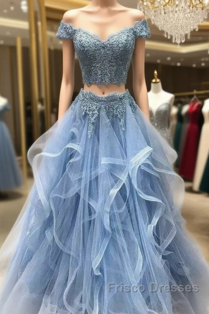 Dusty Blue Two Piece Off Shoulders Ruffles Skirt Formal Prom Dress Main image