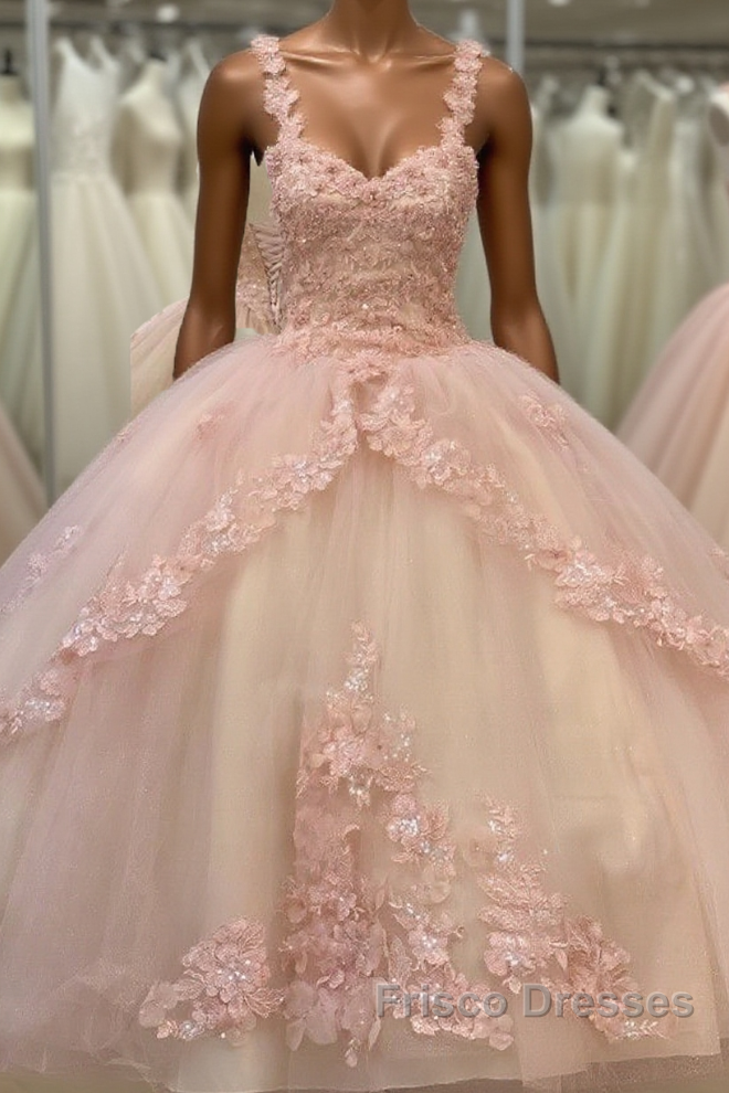 Quinceanera Sweet Tulle Ball Gown 16 Lace Pink Party Flower Sparkly Formal Prom Dress Main image