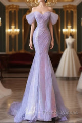 Purple Sweetheart Sequin Beaded Mermaid Long Formal Prom Dress,Purple Tulle Train Formal Prom Gown