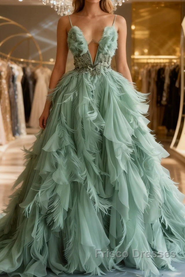 Mint Green A-line Spaghetti Strap Tulle Long Formal Prom Dress, Elegant Evening Dress Main image
