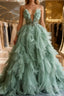 Mint Green A-line Spaghetti Strap Tulle Long Formal Prom Dress, Elegant Evening Dress