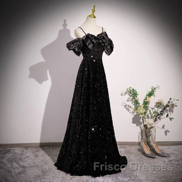 A-Line Off Shoulder Velvet Sequin Long Black Formal Prom Dress, Black Long Evening Dress Secondary image