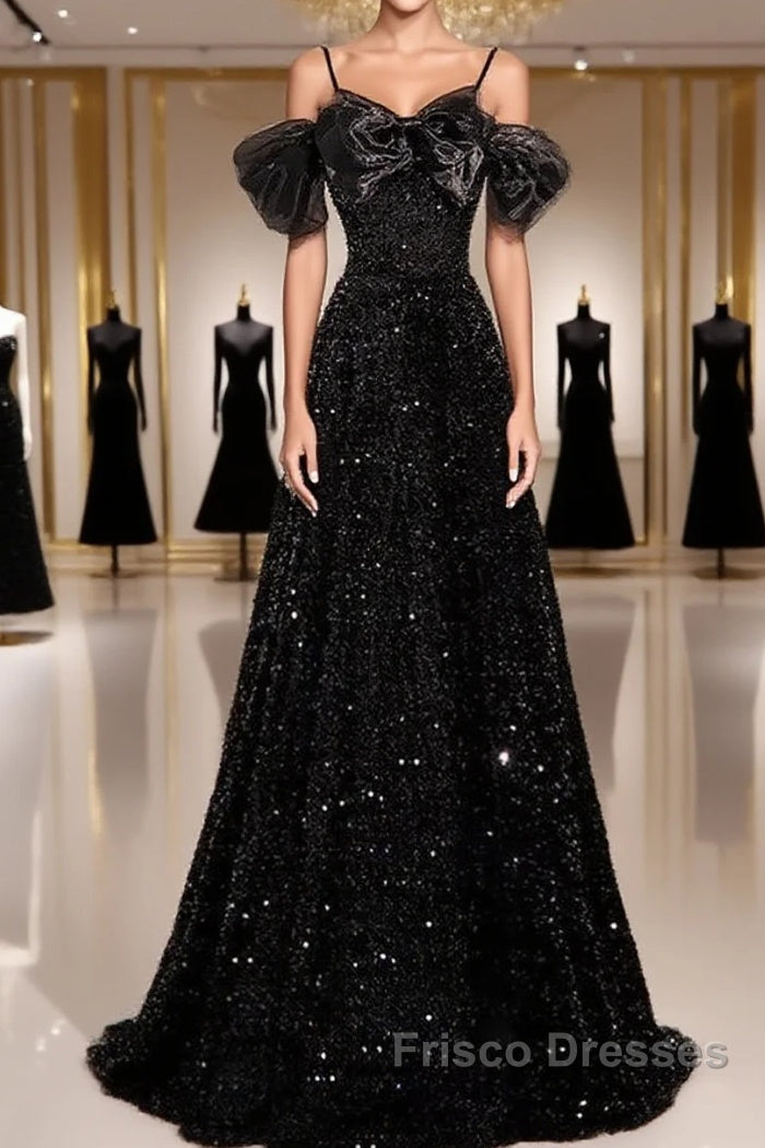 A-Line Off Shoulder Velvet Sequin Long Black Formal Prom Dress, Black Long Evening Dress Main image