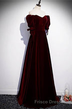 Modest Burgundy Long Formal Prom Dress with Short Sleeves Vintage Evening Gown