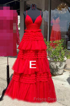 Sparkly Spaghetti Straps Tiered Tulle Formal Prom Dress, New Long Party Gown