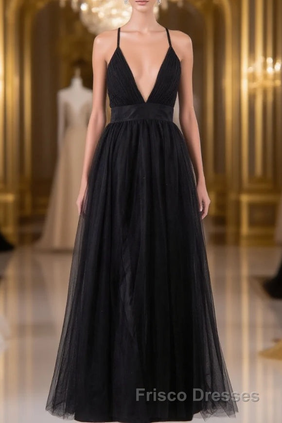 Elegant Tulle Spaghetti Straps Backless Floor Length Formal Prom Dress Main image