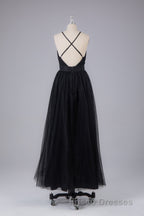 Elegant Tulle Spaghetti Straps Backless Floor Length Formal Prom Dress