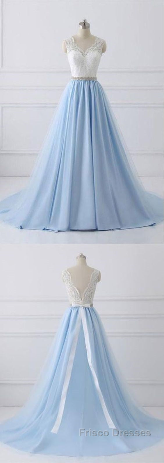 Elegant Long Blue Formal Prom Dress with White Lace Top | Senior School Formal Prom Dress Secondary image