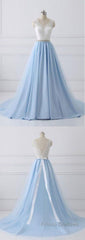 Elegant Long Blue Formal Prom Dress with White Lace Top | Senior School Formal Prom Dress