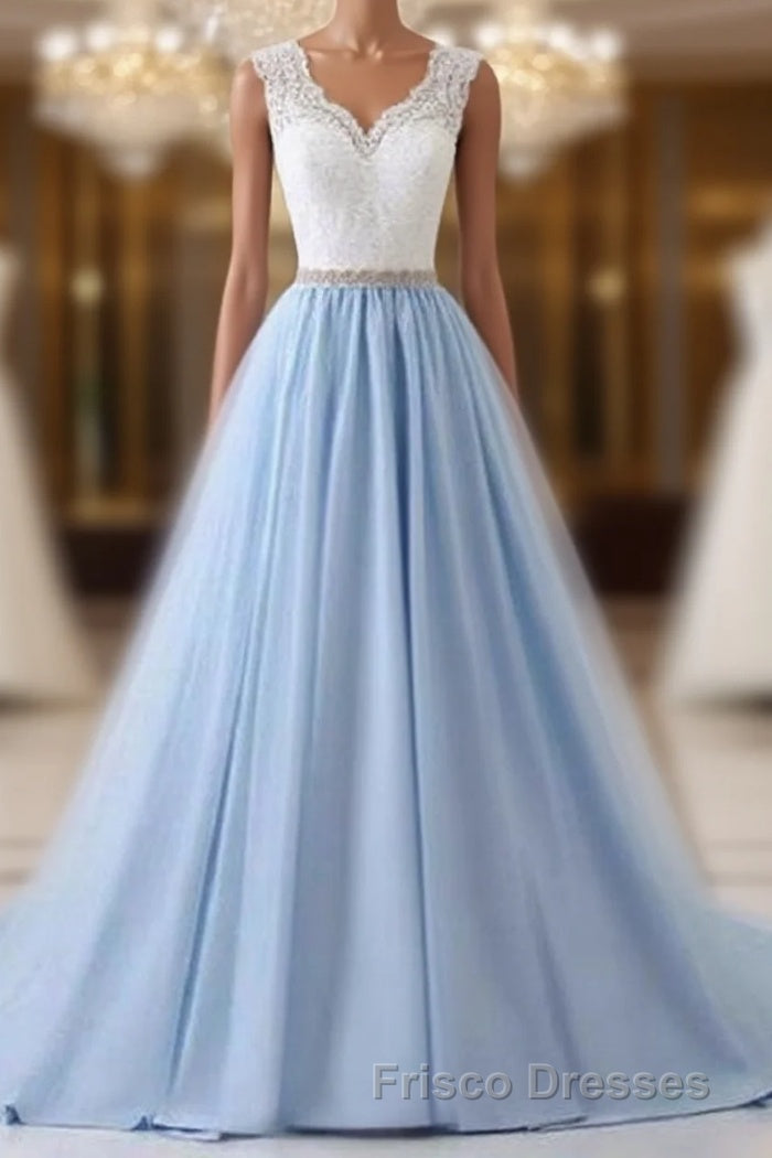 Elegant Long Blue Formal Prom Dress with White Lace Top | Senior School Formal Prom Dress Main image