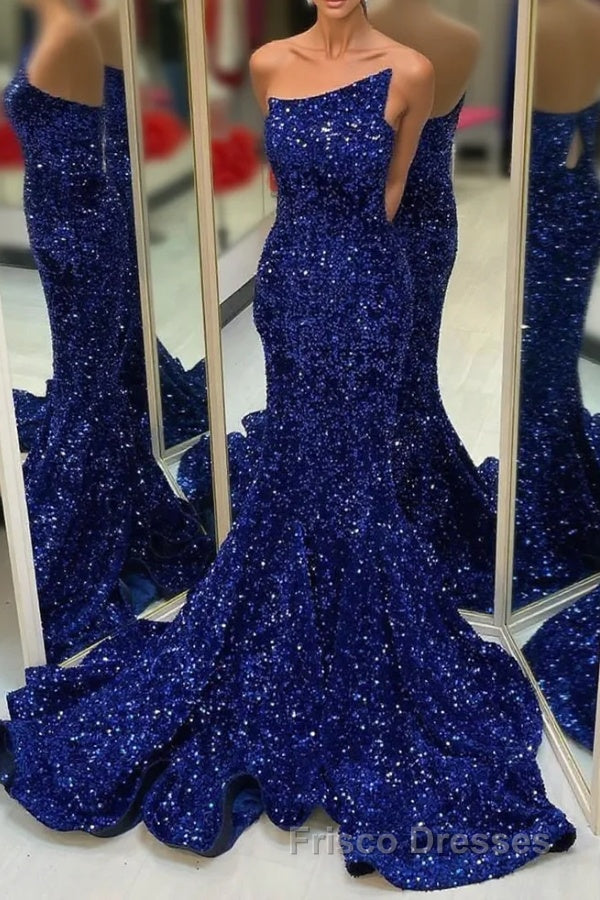 Strapless Royal Blue Sequins Mermaid Long Formal Prom Dress