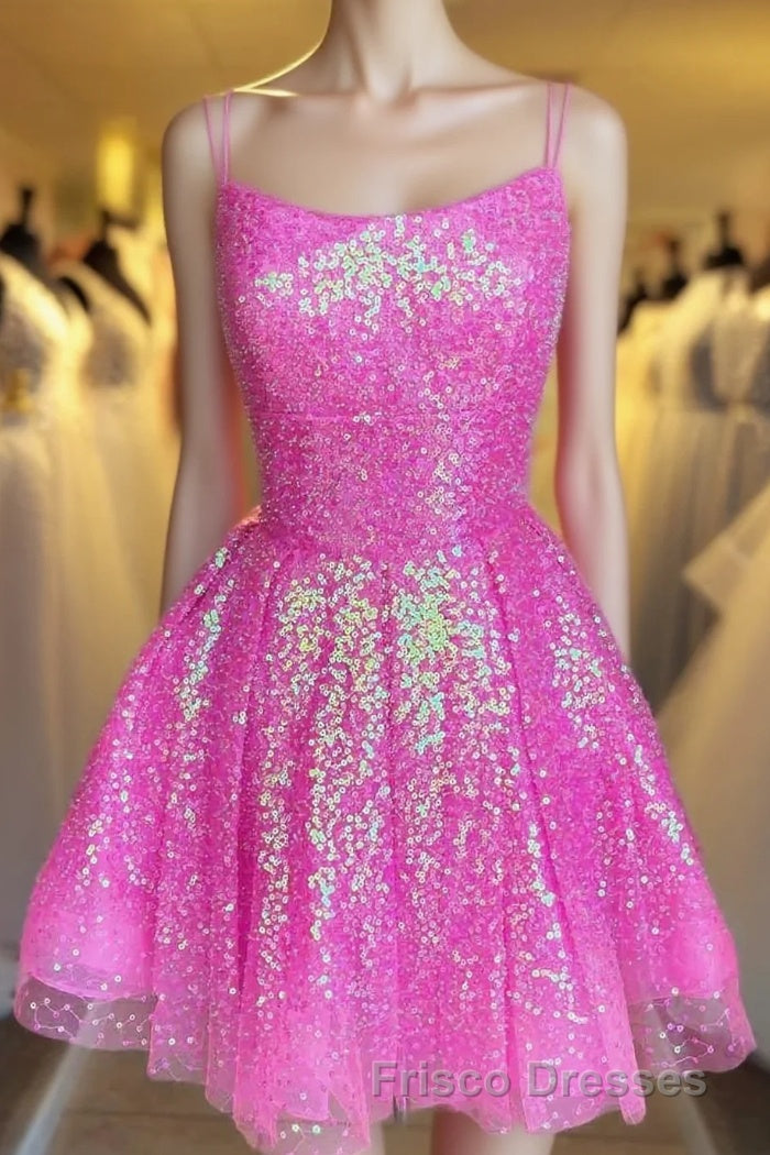 Cute Hot Pink Sequins A-Line Homecoming Dress Hoco Night Dress