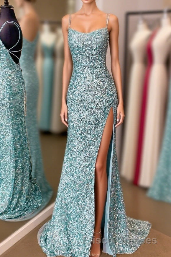 Sparkle Tiffany Blue Sequins Long Formal Prom Dress with Slit Main image