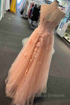 Sweetheart One Shoulder Pink Formal Prom Dress with Flowers