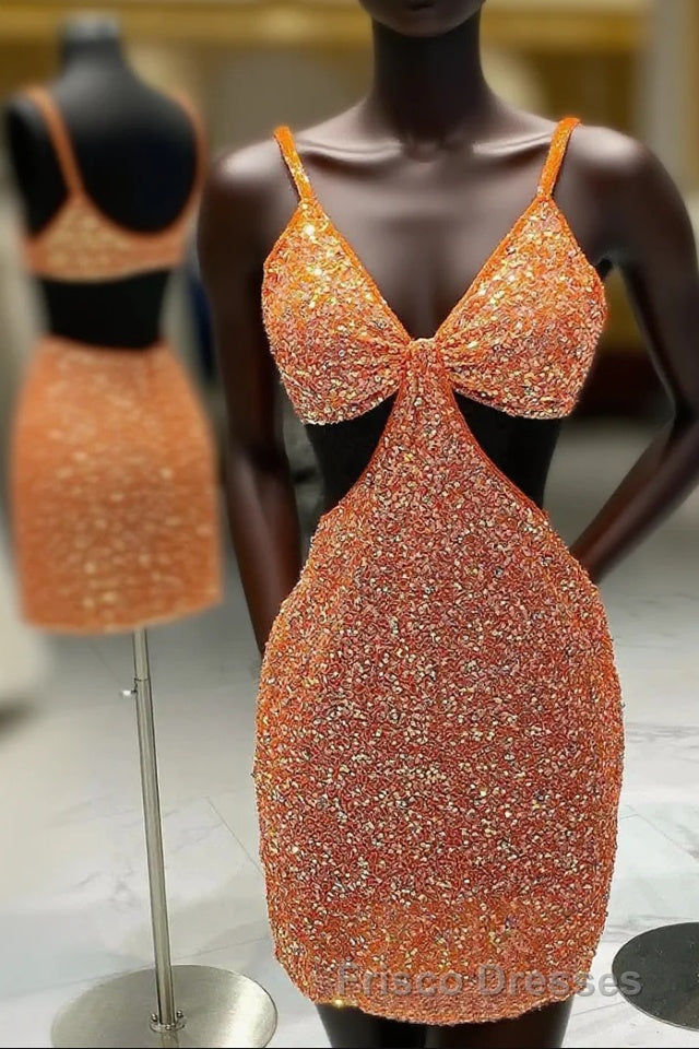 Cut Out Waist Orange Beaded Mini Homecoming Dress Main image