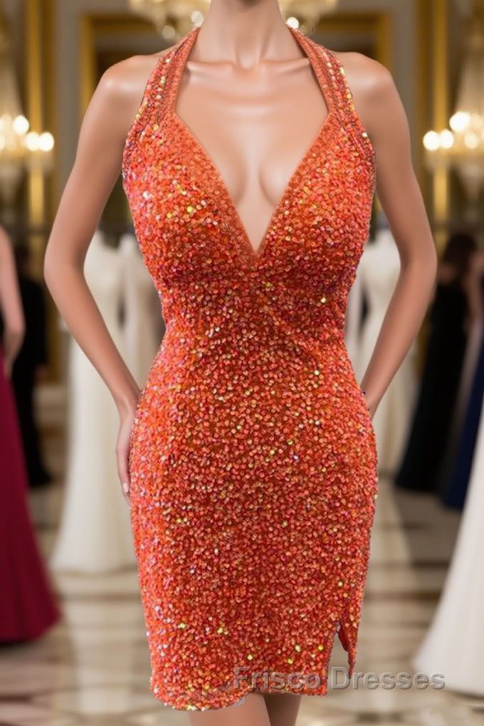 Halter Orange Sequins Bodycon Homecoming Dress with Tassel