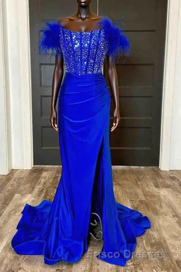 Side Slit Royal Blue Feathered Shoulder Beaded Long Formal Prom Gown Main image