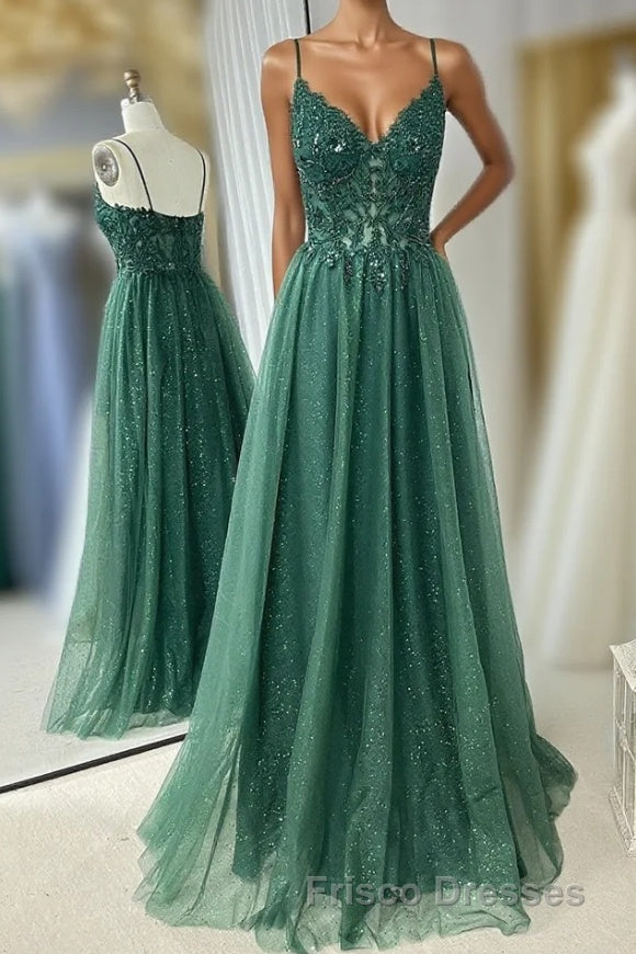 Hunter Green A-line Beaded Applique Straps Tulle Long Formal Prom Dress
