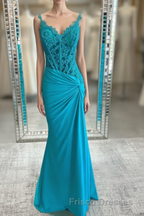 Jade Appliques Straps Twist Knot Mermaid Satin Long Formal Prom Dress