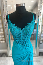 Jade Appliques Straps Twist Knot Mermaid Satin Long Formal Prom Dress
