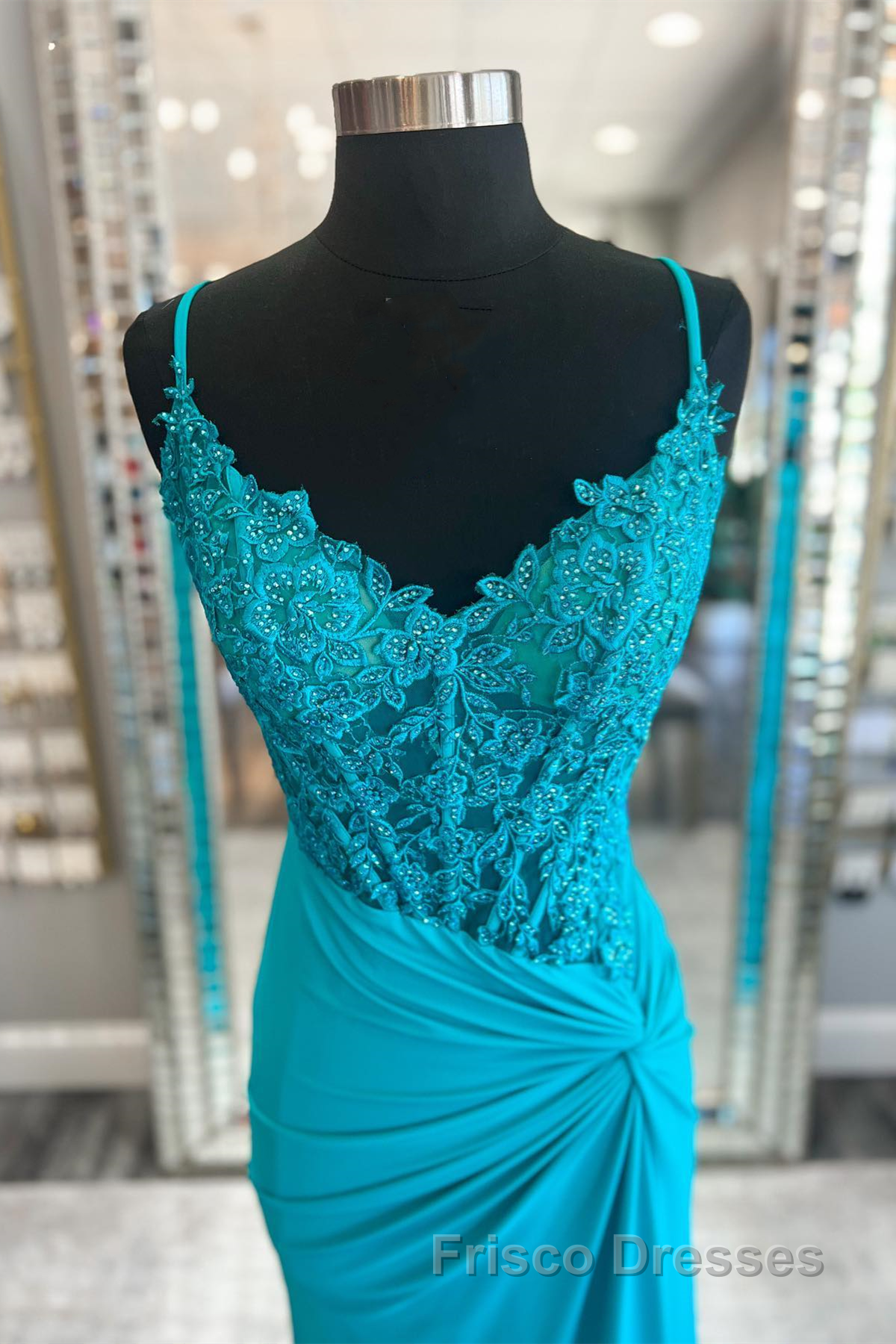 Jade Appliques Straps Twist Knot Mermaid Satin Long Formal Prom Dress