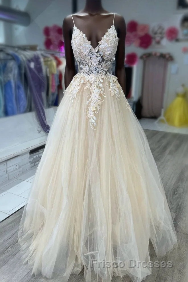 V-Neck Champagne Appliques Long Formal Prom Dress with Straps Main image