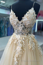 V-Neck Champagne Appliques Long Formal Prom Dress with Straps
