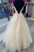 V-Neck Champagne Appliques Long Formal Prom Dress with Straps