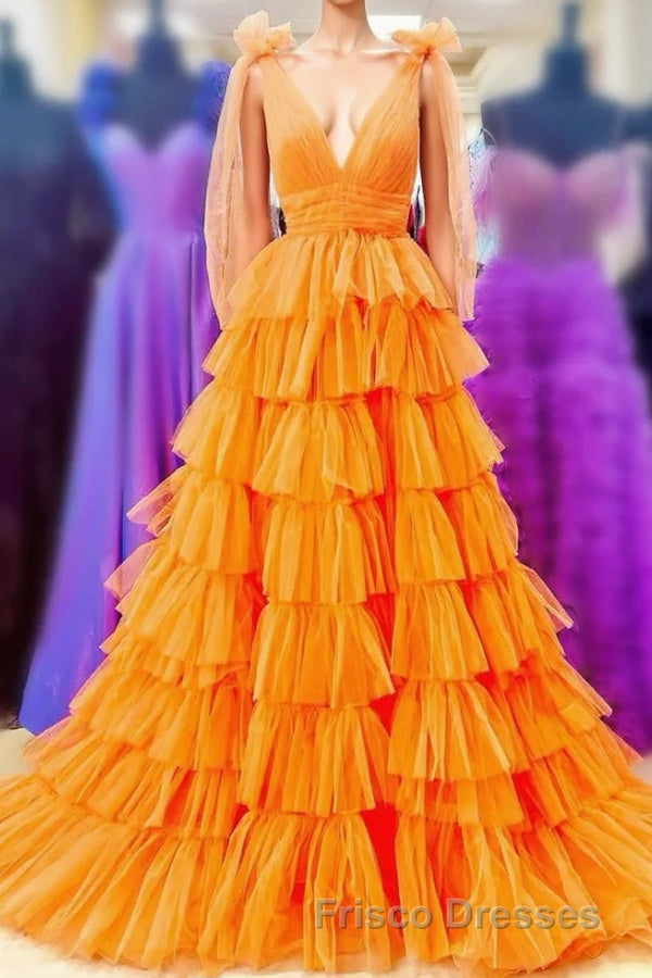 Bow Straps Orange V-Neck Ruffled Tulle Long Formal Prom Dress with Slit Main image