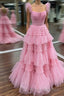 Cold Shoulder Pink Feathers A-Line Tiered Formal Prom Dress