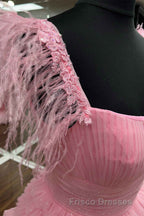 Cold Shoulder Pink Feathers A-Line Tiered Formal Prom Dress